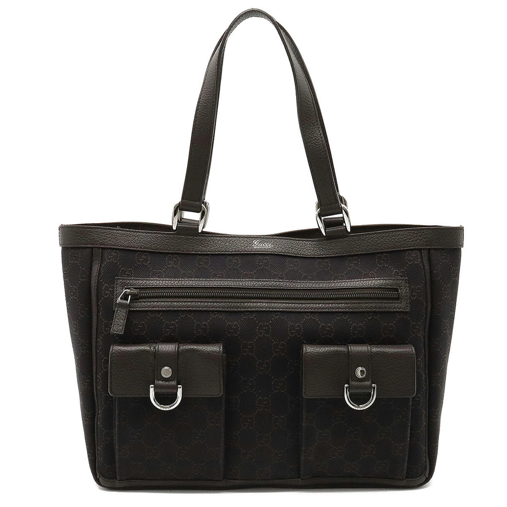 Gucci GG Denim Tote Bag Shoulder Canvas Leather Dark Brown